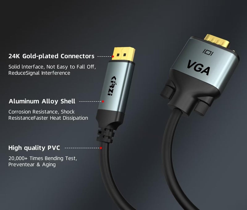 Kirzi كابل DisplayPort إلى VGA بطول 30 قدم، محول 1080P@60Hz، DP ذكر إلى VGA ذكر لشاشة الكمبيوتر المحمول (30 قدم) - Image 5